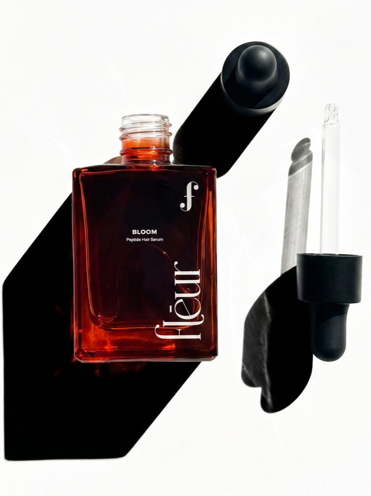 Fleur Bloom peptide hair and scalp serum, 30ml amber glass bottle with dropper