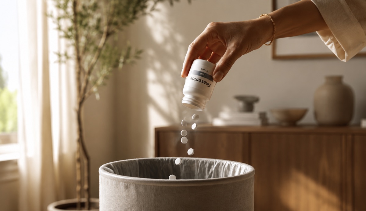 A hand tipping a bottle of finasteride tablets into a bin