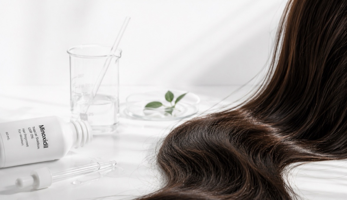A bottle of topical minoxidil beside laboratory glassware and a length of dark hair